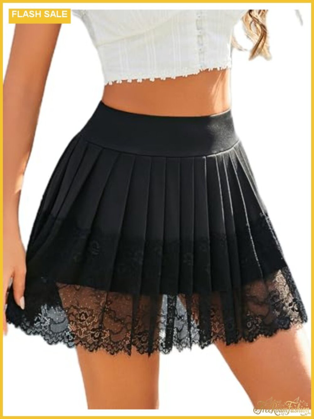 Pleated Lace Mini Skirt High Waist A-Line Short